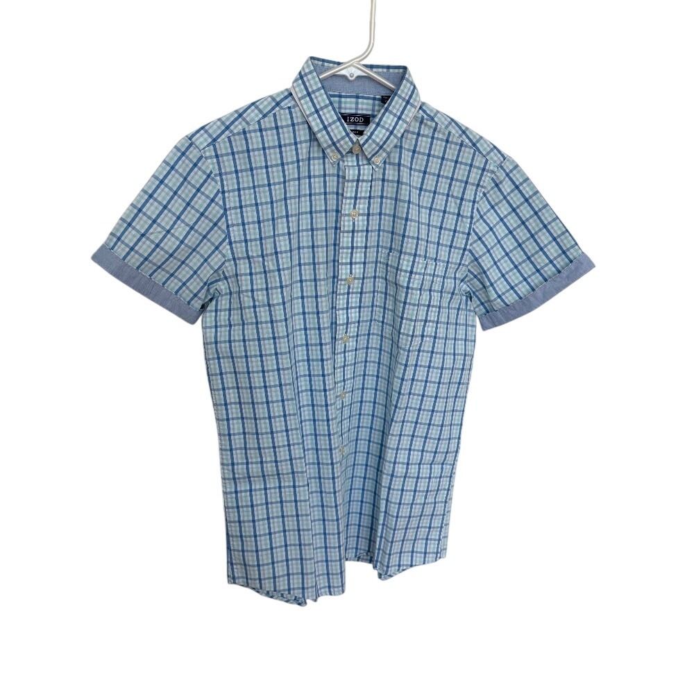 Izod Men's Short Sleeve Button-Down Shirt, Slim Fit Blue Teal White Size Small